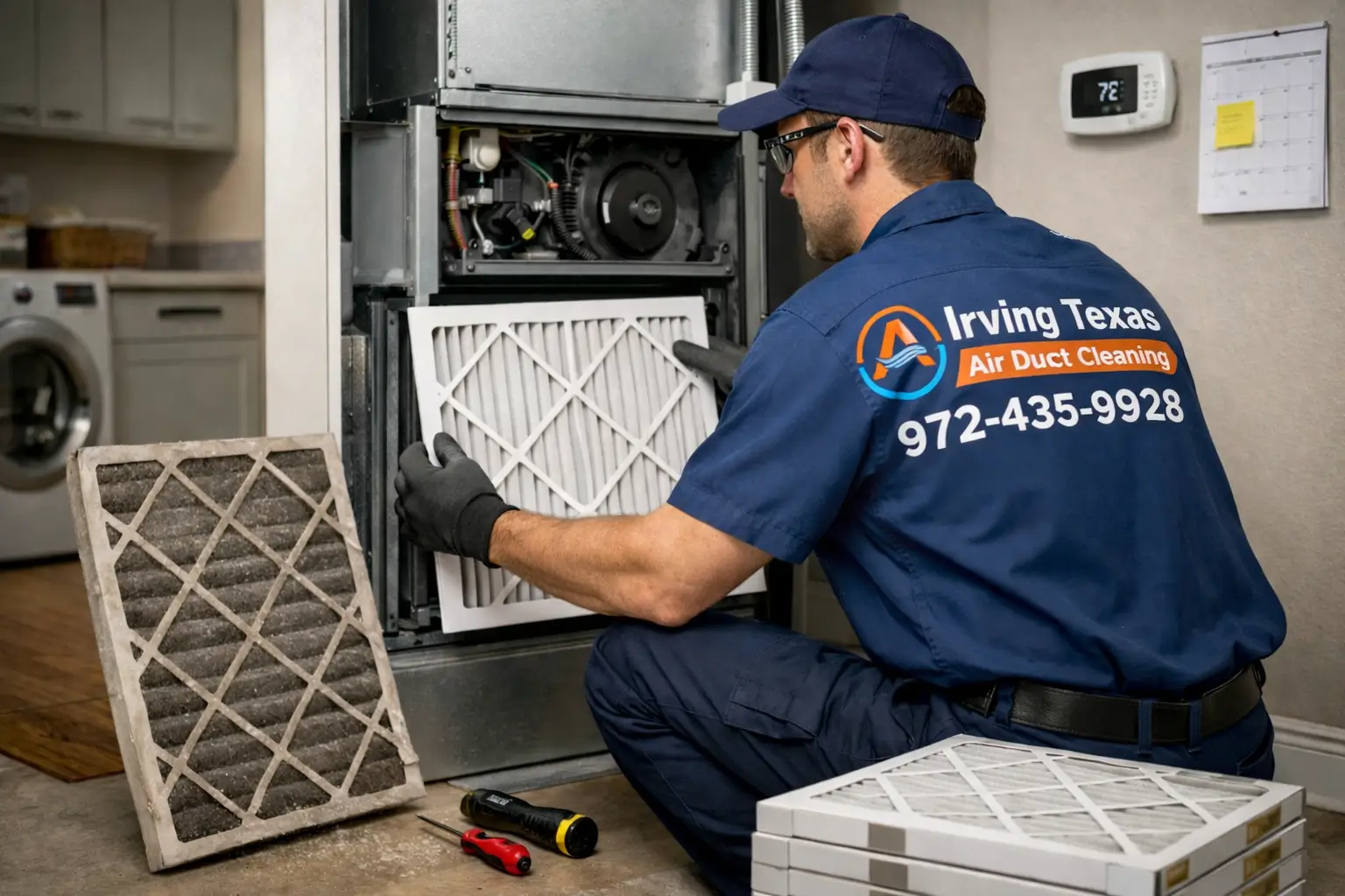 technician replacing a clean air filter