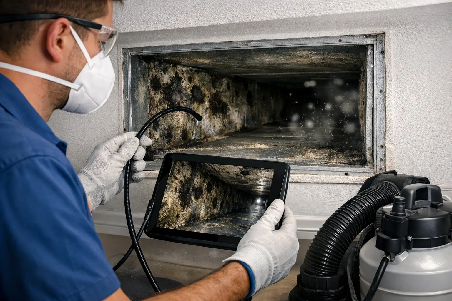 technician inspecting and removing mold